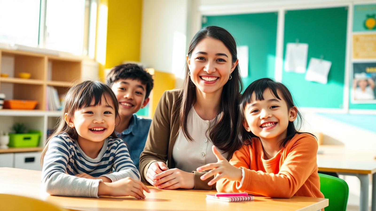 Teacher smiling with elementary students in a bright Korean classroom